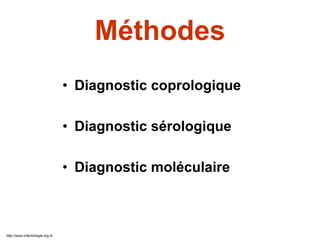 Méthodes
• Diagnostic coprologique
• Diagnostic sérologique
• Diagnostic moléculaire
http://www.infectiologie.org.tn
 