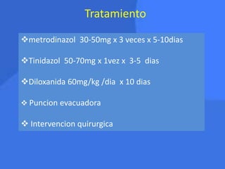 Tratamiento
metrodinazol 30-50mg x 3 veces x 5-10dias
Tinidazol 50-70mg x 1vez x 3-5 dias
Diloxanida 60mg/kg /dia x 10 dias
 Puncion evacuadora
 Intervencion quirurgica
 
