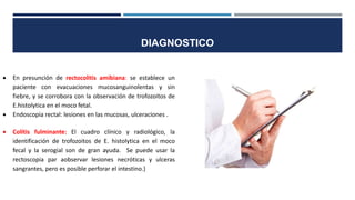 DIAGNOSTICO
 En presunción de rectocolitis amibiana: se establece un
paciente con evacuaciones mucosanguinolentas y sin
fiebre, y se corrobora con la observación de trofozoitos de
E.histolytica en el moco fetal.
 Endoscopia rectal: lesiones en las mucosas, ulceraciones .
 Colitis fulminante: El cuadro clínico y radiológico, la
identificación de trofozoitos de E. histolytica en el moco
fecal y la serogial son de gran ayuda. Se puede usar la
rectoscopia par aobservar lesiones necróticas y ulceras
sangrantes, pero es posible perforar el intestino.}
 