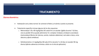 TRATAMIENTO
Diarrea disentérica:
 hidratación oral y dieta normal. Se controla la fiebre y el vómito cuando se presente.
 Tratamiento especifico incluye algunos de los dos esquemas:
o Metronidazol 30 a 40 mg/kg/días VO cada 8 hrs sin exceder 2gXdia durante 7-10 dias,
sino es posible VO se puede administrar IV. o emplear tinidazol, ornidazol o secnidazol.
(metronidasol Efectos Ad: diarrea, vomito, malestar abdominal, mal sabor a boca, orina
obscura y efecto antabuse)
o Dehidroemetina 1.5 mg/kg/días IM cada 24 hrs durante 7 a 10 dias sin exceder 90 mg
diarios (efectos adeversos arritmias o dolor en el sitio de aplicación)
 