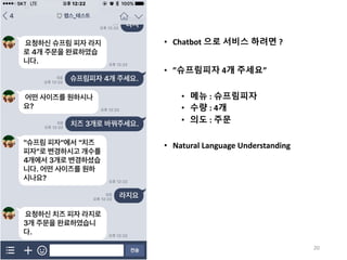• Chatbot 으로 서비스 하려면 ?
• ”슈프림피자 4개 주세요”
• 메뉴 : 슈프림피자
• 수량 : 4개
• 의도 : 주문
• Natural	Language	Understanding
20
 