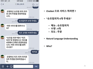 • Chatbot 으로 서비스 하려면 ?
• ”슈프림피자 4개 주세요”
• 메뉴 : 슈프림피자
• 수량 : 4개
• 의도 : 주문
• Natural	Language	Understanding
• Who?
21
 