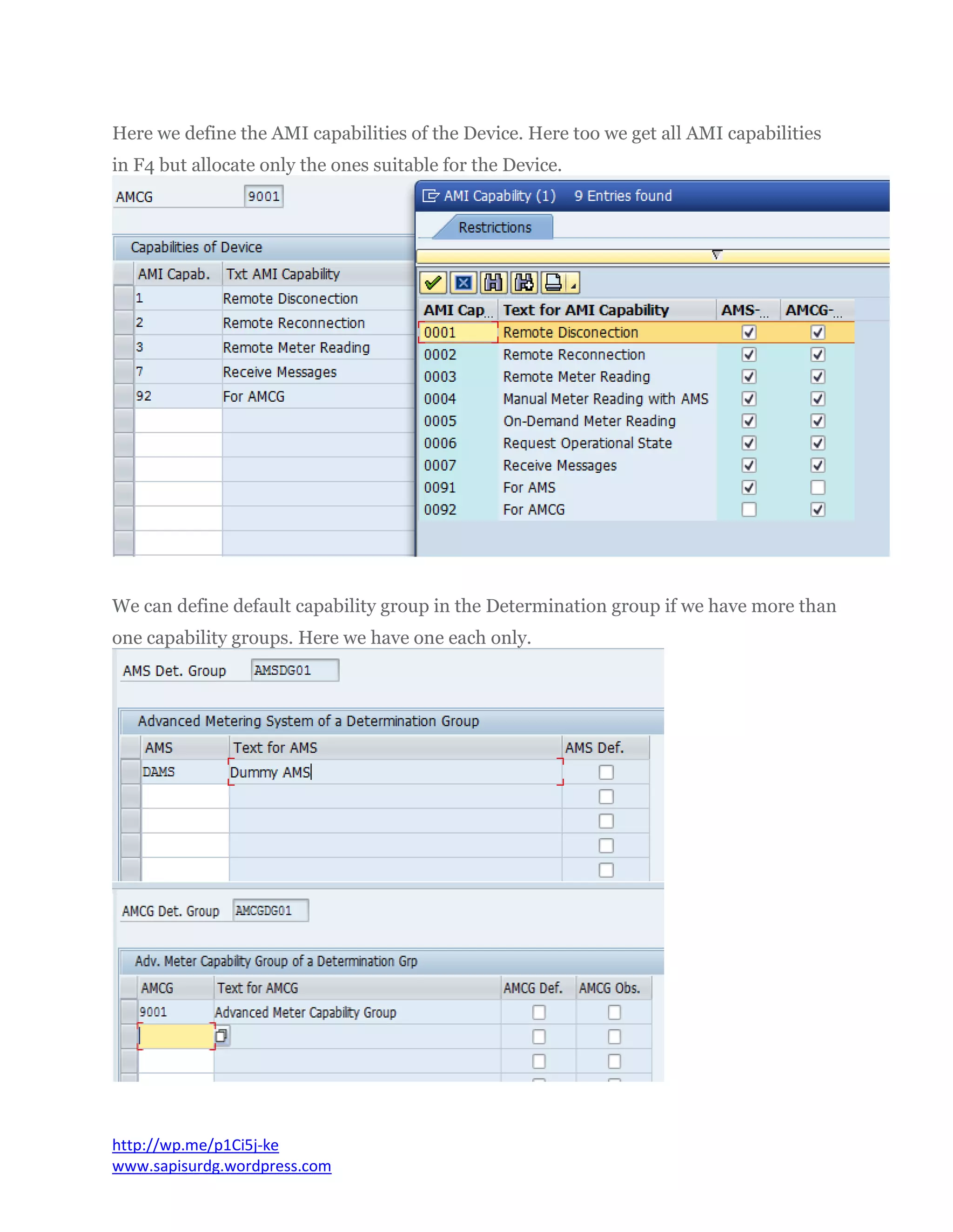 Here we define the AMI capabilities of the Device. Here too we get all AMI capabilities
in F4 but allocate only the ones suitable for the Device.
We can define default capability group in the Determination group if we have more than
one capability groups. Here we have one each only.
http://wp.me/p1Ci5j-ke
www.sapisurdg.wordpress.com
 