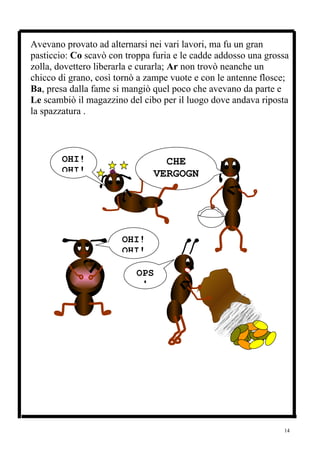 Avevano provato ad alternarsi nei vari lavori, ma fu un gran
pasticcio: Co scavò con troppa furia e le cadde addosso una grossa
zolla, dovettero liberarla e curarla; Ar non trovò neanche un
chicco di grano, così tornò a zampe vuote e con le antenne flosce;
Ba, presa dalla fame si mangiò quel poco che avevano da parte e
Le scambiò il magazzino del cibo per il luogo dove andava riposta
la spazzatura .



        OHI!                     CHE
        OHI!                   VERGOGN
                                  A



                       OHI!
                       OHI!

                           OPS
                            !




                                                                14
 