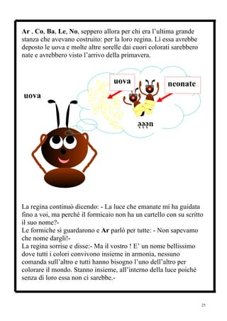 Ar , Co, Ba, Le, No, seppero allora per chi era l’ultima grande
stanza che avevano costruito: per la loro regina. Lì essa avrebbe
deposto le uova e molte altre sorelle dai cuori colorati sarebbero
nate e avrebbero visto l’arrivo della primavera.


                                  uova                neonate
uova
                                            è
                                           uèèè




La regina continuò dicendo: - La luce che emanate mi ha guidata
fino a voi, ma perché il formicaio non ha un cartello con su scritto
il suo nome?-
Le formiche si guardarono e Ar parlò per tutte: - Non sapevamo
che nome dargli!-
La regina sorrise e disse:- Ma il vostro ! E’ un nome bellissimo
dove tutti i colori convivono insieme in armonia, nessuno
comanda sull’altro e tutti hanno bisogno l’uno dell’altro per
colorare il mondo. Stanno insieme, all’interno della luce poiché
senza di loro essa non ci sarebbe.-


                                                                     25
 