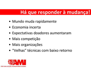 Há que responder à mudança!
• Mundo muda rapidamente
• Economia incerta
• Expectativas doadores aumentaram
• Mais competição
• Mais organizações
• “Velhas” técnicas com baixo retorno
 