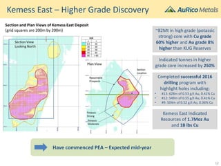 Kemess East – Higher Grade Discovery
Kemess East Indicated
Resources of 1.7Moz Au
and 1B lbs Cu
Completed successful 2016
drilling program with
highlight holes including:
• #13: 628m of 0.53 g/t Au, 0.41% Cu
• #12: 549m of 0.55 g/t Au, 0.41% Cu
• #9: 504m of 0.52 g/t Au, 0.36% Cu
Section and Plan Views of Kemess East Deposit
(grid squares are 200m by 200m) ~82Mt in high grade (potassic
strong) core with Cu grade
60% higher and Au grade 8%
higher than KUG Reserves
Indicated tonnes in higher
grade core increased by 250%
Have commenced PEA – Expected mid-year
12
 