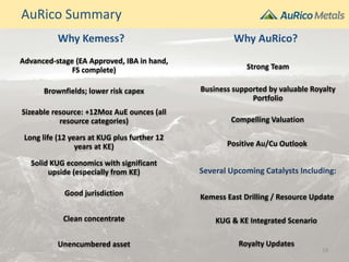 Advanced-stage (EA Approved, IBA in hand,
FS complete)
Brownfields; lower risk capex
Sizeable resource: +12Moz AuE ounces (all
resource categories)
Long life (12 years at KUG plus further 12
years at KE)
Solid KUG economics with significant
upside (especially from KE)
Good jurisdiction
Clean concentrate
Unencumbered asset
AuRico Summary
Why Kemess? Why AuRico?
Strong Team
Business supported by valuable Royalty
Portfolio
Compelling Valuation
Positive Au/Cu Outlook
Several Upcoming Catalysts Including:
Kemess East Drilling / Resource Update
KUG & KE Integrated Scenario
Royalty Updates
18
 