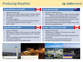 Fosterville (2% NSR)
 Operator: Kirkland Lake Gold
 P&P Reserves of 1.2Moz, M&I of 1.9Moz, Inferred of 1.0Moz
 P&P Reserves increased by 110% on June 30th 2017
 2017 Production guidance of 200-225Koz (up 43%-55%)
 4th consecutive year of record production achieved in 2016
 Record quarter in Q2’17 with 77Koz produced
 Recent record high grade intercept of 1,429g/t Au over 15m
 Significant ongoing exploration
Eagle River (0.5% NSR)
 Operator: Wesdome
 P&P Reserves: 0.3Moz (+15% from prior yr), Inferred 0.2Moz
 2017 Production guidance of 45-49Koz (up 12% – 22% from
2016)
 Significant upside from continued exploration of identified
ore zones (incl. 300 zone)
 Continuous production since 1995 (>1Moz)
Producing Royalties
Young-Davidson (1.5% NSR)
 Operator: Alamos Gold
 P&P Reserves of 3.8Moz, M&I of 1.5Moz, Inferred of 0.3Moz
 2017 Production guidance of 200-210Koz (up 18% – 24%
from 2016)
 UG ramp-up ongoing
 17 year life implied just by reserves (at current production
levels); Among longest mine lives in Canada
 Open at depth
Hemlo – Williams (0.25% NSR)
 Operator: Barrick Gold
 P&P Reserves of 1.6Moz (+73% from prior yr), M&I of
1.7Moz, Inferred of 0.5Moz
 2017 Production guidance of 205-220Koz (2016 production
was 235Koz)
 73% increase in reserves announced Feb. 2017
 Has been producing for 30+ consecutive years
20
 