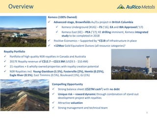Overview
Compelling Opportunity
 Strong balance sheet (C$27M cash2) with no debt
 Unique risk – reward dynamic through combination of stand-out
development project with royalties
 Attractive valuation
 Strong management and technical team
Kemess (100% Owned)
 Advanced-stage, Brownfields Au/Cu project in British Columbia
 Kemess Underground (KUG) – FS (’16), EA and IBA Approved (‘17)
 Kemess East (KE) – PEA (‘17); KE drilling imminent, Kemess integrated
study to be completed in 2018
 Positive Economics – Supported by ~C$1B of infrastructure in place
 +12Moz Gold Equivalent Ounces (all resource categories)1
Royalty Portfolio
 Portfolio of high quality NSR royalties in Canada and Australia
 2017E Royalty revenue of C$12.7 – C$13.9M (US$9.5 - $10.4M)
 21 royalties + 6 wholly-owned properties with royalty creation potential
 NSR Royalties incl. Young-Davidson (1.5%), Fosterville (2%), Hemlo (0.25%),
Eagle River (0.5%), East Timmins (0.5%), Boulevard (1%), GJ (1%)
3
 
