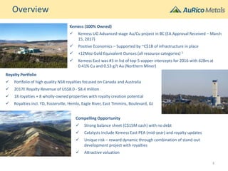 Overview
Compelling Opportunity
 Strong balance sheet (C$15M cash) with no debt
 Catalysts include Kemess East PEA (mid-year) and royalty updates
 Unique risk – reward dynamic through combination of stand-out
development project with royalties
 Attractive valuation
Kemess (100% Owned)
 Kemess UG Advanced-stage Au/Cu project in BC (EA Approval Received – March
15, 2017)
 Positive Economics – Supported by ~C$1B of infrastructure in place
 +12Moz Gold Equivalent Ounces (all resource categories) 1
 Kemess East was #3 in list of top-5 copper intercepts for 2016 with 628m at
0.41% Cu and 0.53 g/t Au (Northern Miner)
Royalty Portfolio
 Portfolio of high quality NSR royalties focused on Canada and Australia
 2017E Royalty Revenue of US$8.0 - $8.4 million
 18 royalties + 8 wholly-owned properties with royalty creation potential
 Royalties incl. YD, Fosterville, Hemlo, Eagle River, East Timmins, Boulevard, GJ
3
 