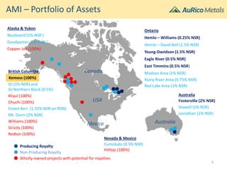 AMI – Portfolio of Assets
Wholly-owned projects with potential for royalties
Canada
Australia
Kemess (100%)
Young-Davidson (1.5% NSR)
Stawell (1% NSR)
Fosterville (2% NSR)
Non-Producing Royalty
Leviathan (1% NSR)
Forest Kerr (1.33% NSR on RDN)
Hemlo – David Bell (1.5% NSR)
Eagle River (0.5% NSR)
Producing Royalty
GJ (1% NSR) and
GJ Northern Block (0.5%)
East Timmins (0.5% NSR)
Boulevard (1% NSR )
Goodpaster (1% NSR )
Mt. Dunn (2% NSR)
Cumobabi (0.5% NSR)
Hilltop (100%)
Madsen Area (1% NSR)
Copper Joe (100%)
Chuchi (100%)
Grizzly (100%)
Kliyul (100%)
Williams (100%)
Redton (100%)
USA
Mexico
Hemlo – Williams (0.25% NSR)
Ontario
Australia
Nevada & Mexico
British Columbia
Alaska & Yukon
Rainy River Area (0.75% NSR)
Red Lake Area (1% NSR)
5
 