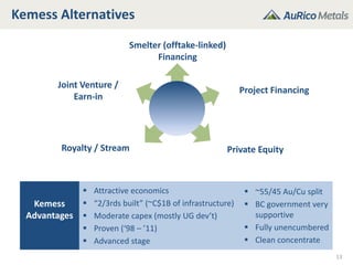 Kemess Alternatives
Kemess
Advantages
 Attractive economics
 “2/3rds built” (~C$1B of infrastructure)
 Moderate capex (mostly UG dev’t)
 Proven (‘98 – ’11)
 Advanced stage
 ~55/45 Au/Cu split
 BC government very
supportive
 Fully unencumbered
 Clean concentrate
13
Smelter (offtake-linked)
Financing
Joint Venture /
Earn-in
Project Financing
Royalty / Stream Private Equity
 