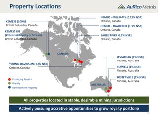Property Locations
5
All properties located in stable, desirable mining jurisdictions
Development Property
CANADA
AUSTRALIA
KEMESS (100%)
British Columbia, Canada
YOUNG-DAVIDSON (1.5% NSR)
Ontario, Canada STAWELL (1% NSR)
Victoria, Australia
FOSTERVILLE (2% NSR)
Victoria, Australia
Royalty
LEVIATHAN (1% NSR)
Victoria, Australia
KEMESS UG
(Potential Royalty or Stream)
British Columbia, Canada
HEMLO – WILLIAMS (0.25% NSR)
Ontario, Canada
HEMLO – DAVID BELL (1.5% NSR)
Ontario, Canada
EAGLE RIVER (0.5% NSR)
Ontario, Canada
Actively pursuing accretive opportunities to grow royalty portfolio
Producing Royalty
 