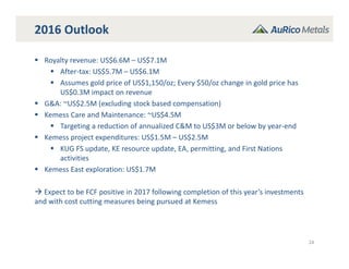 24
2016 Outlook
 Royalty revenue: US$6.6M – US$7.1M
 After‐tax: US$5.7M – US$6.1M
 Assumes gold price of US$1,150/oz; Every $50/oz change in gold price has 
US$0.3M impact on revenue
 G&A: ~US$2.5M (excluding stock based compensation)
 Kemess Care and Maintenance: ~US$4.5M
 Targeting a reduction of annualized C&M to US$3M or below by year‐end
 Kemess project expenditures: US$1.5M – US$2.5M
 KUG FS update, KE resource update, EA, permitting, and First Nations 
activities
 Kemess East exploration: US$1.7M
 Expect to be FCF positive in 2017 following completion of this year’s investments 
and with cost cutting measures being pursued at Kemess
 
