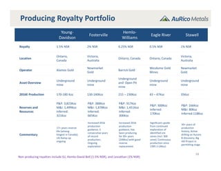 18
Producing Royalty Portfolio
Young‐
Davidson
Fosterville
Hemlo‐
Williams
Eagle River Stawell
Royalty 1.5% NSR 2% NSR 0.25% NSR 0.5% NSR 1% NSR
Location
Ontario, 
Canada
Victoria, 
Australia
Ontario, Canada Ontario, Canada
Victoria, 
Australia
Operator Alamos Gold
Newmarket 
Gold
Barrick Gold
Wesdome Gold 
Mines
Newmarket 
Gold
Asset Overview
Underground 
mine
Underground 
mine
Underground 
and  Open Pit 
mine
Underground 
mine
Underground 
mine
2016E Production 170‐180 Koz 130‐140Koz 215 – 230Koz 43 – 47Koz 35Koz
Reserves and 
Resources
P&P: 3,823Koz
M&I: 1,499Koz
Inferred:
321Koz
P&P: 388Koz 
M&I: 1,878Koz
Inferred: 
665Koz
P&P: 917Koz
M&I: 1,451Koz
Inferred: 
306Koz
P&P: 300Koz
Inferred: 
170Koz
P&P: 166Koz 
M&I: 80Koz
Inferred:118Koz
Commentary
17+ years reserve 
life (among 
longest in Canada); 
UG Ramp‐up 
ongoing
Increased 2016 
production 
guidance; 3 
consecutive years 
of record 
production; 
Ongoing 
exploration
Increased 2016 
production 
guidance; Has
been producing 
for 30+ years 
(24Moz) with good 
reserve 
replacement
Significant upside
from continued 
exploration of 
identified ore 
zones (incl. 300 
zone); Continuous 
production since 
1995 (>1Moz)
30+ years of 
production
history; Active 
drilling on Aurora 
B discovery; Big 
Hill Project in 
permitting stage
Non‐producing royalties include GJ, Hemlo‐David Bell (1.5% NSR), and Leviathan (1% NSR)
 