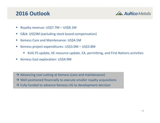 19
2016 Outlook
 Royalty revenue: US$7.7M – US$8.1M
 G&A: US$3M (excluding stock based compensation)
 Kemess Care and Maintenance: US$4.5M
 Kemess project expenditures: US$3.0M – US$3.8M
 KUG FS update, KE resource update, EA, permitting, and First Nations activities
 Kemess East exploration: US$4.9M
 Advancing cost cutting at Kemess (care and maintenance)
 Well positioned financially to execute smaller royalty acquisitions
 Fully funded to advance Kemess UG to development decision
 