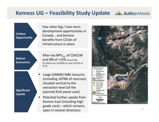Kemess UG – Feasibility Study Update
8
Unique 
Opportunity
Few other big / near‐term 
development opportunities in 
Canada… and Kemess
benefits from C$1bn of 
infrastructure in place
Robust 
Economics
After‐tax NPV5%  of C$421M 
and IRR of +15% (assuming 
$1,250/oz Au, $3.00/lb Cu and C$/US$ of 
0.75)
Significant 
Upside
 Large (246Mt) M&I resource 
(including 107Mt of reserves) 
situated vertical to the 
extraction level (of the 
planned KUG panel cave)
 Potential further upside from 
Kemess East (including high 
grade core) – which remains 
open in several directions
K UG
K EastKUG K. East
 