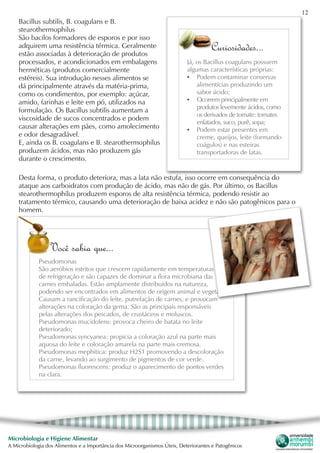 12
Microbiologia e Higiene Alimentar
A Microbiologia dos Alimentos e a Importância dos Microorganismos Úteis, Deteriorantes e Patogênicos
Bacillus subtilis, B. coagulans e B.
stearothermophilus
São bacilos formadores de esporos e por isso
adquirem uma resistência térmica. Geralmente
estão associadas à deterioração de produtos
processados, e acondicionados em embalagens
herméticas (produtos comercialmente
estéreis). Sua introdução nesses alimentos se
dá principalmente através da matéria-prima,
como os condimentos, por exemplo: açúcar,
amido, farinhas e leite em pó, utilizados na
formulação. Os Bacillus subtilis aumentam a
viscosidade de sucos concentrados e podem
causar alterações em pães, como amolecimento
e odor desagradável.
E, ainda os B. coagulans e B. stearothermophilus
produzem ácidos, mas não produzem gás
durante o crescimento.
Curiosidades...
Já, os Bacillus coagulans possuem
algumas características próprias:
•	 Podem contaminar conservas
alimentícias produzindo um
sabor ácido;
•	 Ocorrem principalmente em
produtos levemente ácidos, como
os derivados de tomate: tomates
enlatados, suco, purê, sopa;
•	 Podem estar presentes em
creme, queijos, leite (formando
coágulos) e nas esteiras
transportadoras de latas.
Desta forma, o produto deteriora, mas a lata não estufa, isso ocorre em consequência do
ataque aos carboidratos com produção de ácido, mas não de gás. Por último, os Bacillus
stearothermophilus produzem esporos de alta resistência térmica, podendo resistir ao
tratamento térmico, causando uma deterioração de baixa acidez e não são patogênicos para o
homem.
Você sabia que...
Pseudomonas
São aeróbios estritos que crescem rapidamente em temperaturas
de refrigeração e são capazes de dominar a flora microbiana das
carnes embaladas. Estão amplamente distribuídos na natureza,
podendo ser encontrados em alimentos de origem animal e vegetal.
Causam a rancificação do leite, putrefação de carnes, e provocam
alterações na coloração da gema. São as principais responsáveis
pelas alterações dos pescados, de crustáceos e moluscos.
Pseudomonas mucidolens: provoca cheiro de batata no leite
deteriorado;
Pseudomonas syncyanea: propicia a coloração azul na parte mais
aquosa do leite e coloração amarela na parte mais cremosa.
Pseudomonas mephitica: produz H2S1 promovendo a descoloração
da carne, levando ao surgimento de pigmentos de cor verde.
Pseudomonas fluorescens: produz o aparecimento de pontos verdes
na clara.
 