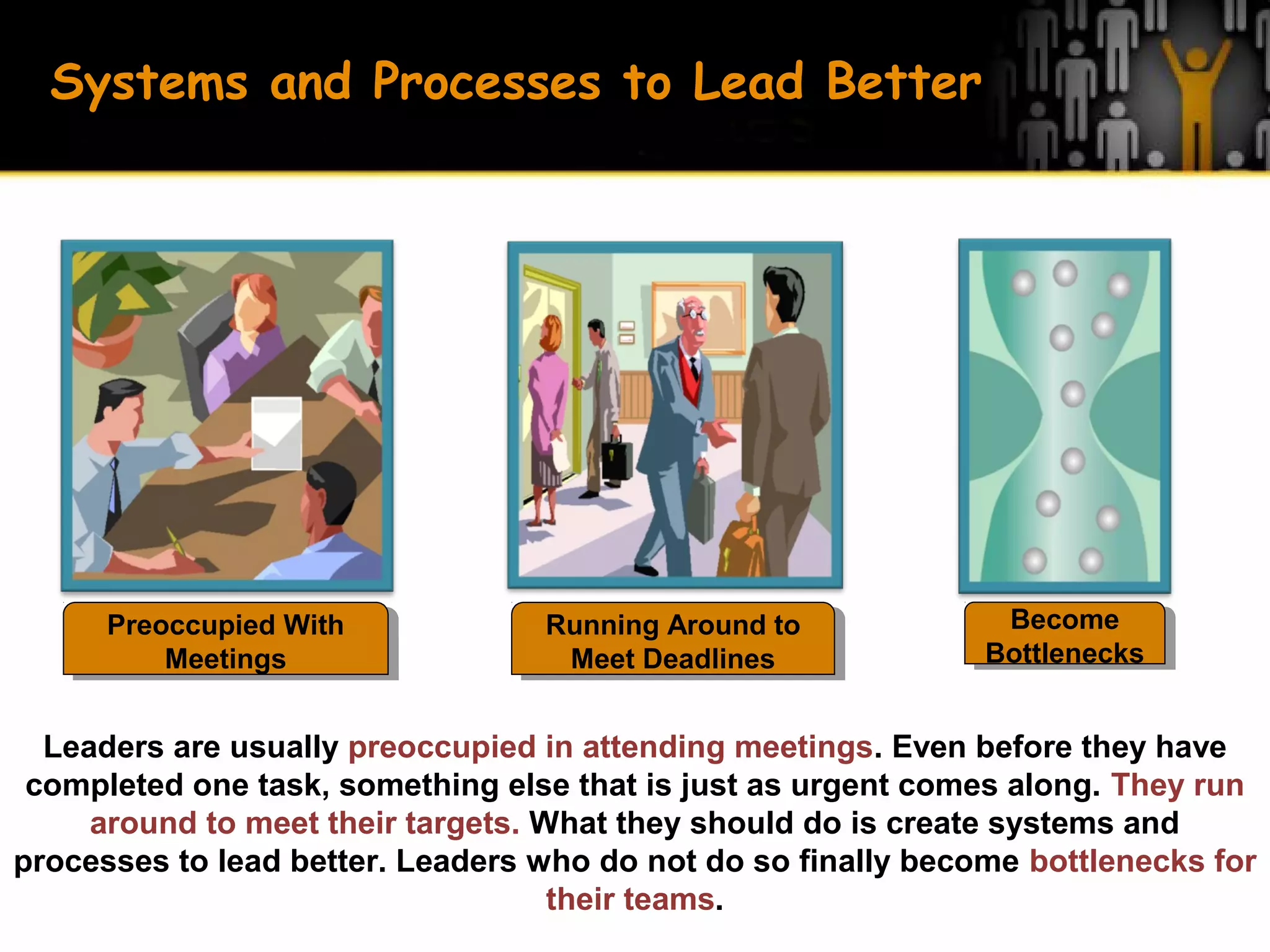 Become
Bottlenecks
Become
Bottlenecks
Preoccupied With
Meetings
Preoccupied With
Meetings
Running Around to
Meet Deadlines
Running Around to
Meet Deadlines
Systems and Processes to Lead Better
Leaders are usually preoccupied in attending meetings. Even before they have
completed one task, something else that is just as urgent comes along. They run
around to meet their targets. What they should do is create systems and
processes to lead better. Leaders who do not do so finally become bottlenecks for
their teams.
 