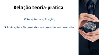 Relação teoria-prática
Relação de aplicação;
Aplicação x Sistema de revezamento em conjunto.
 