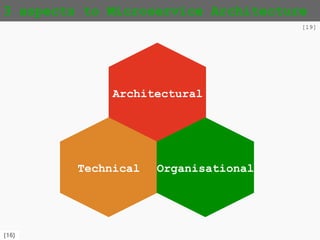 {16}
3 aspects to Microservice Architecture
[19]
Architectural
Technical Organisational
 