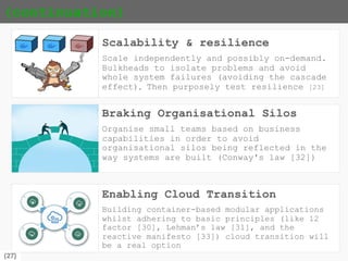 {27}
(continuation)
Scalability & resilience
Scale independently and possibly on-demand.
Bulkheads to isolate problems and avoid
whole system failures (avoiding the cascade
effect), Then purposely test resilience [23]
Enabling cloud transition
Building container-based modular applications
whilst adhering to basic principles (like 12
factor [30], Lehman’s law [31], and the
reactive manifesto [33]) cloud adoption is a
real option
Breaking organisational silos
Organise small teams based on business
capabilities in order to avoid
organisational silos being reflected in the
way systems are built (Conway's law [32])
 