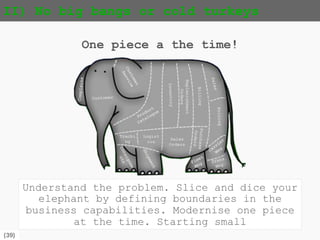 {39}
I) Avoid the obvious!
Avoid legacy to legacy modernisation!!
A fundamental goal of legacy systems
modernisation is that the target system
doesn’t become a legacy [8]. Modular systems
are easier to evolve
 
