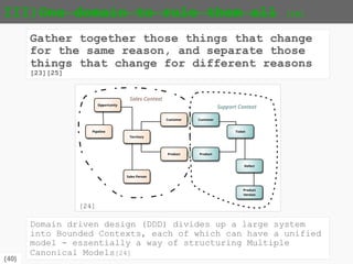 {40}
II) No big bangs or cold turkeys
One piece a the time!
Understand the problem. Slice and dice your
elephant by defining boundaries in the
business capabilities. Modernise one piece
at the time. Starting small
Replenishment
Orders
Sales
Orders
Logist
ics
Tracki
ng
 
