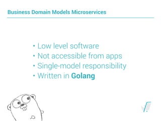• Low level software
• Not accessible from apps
• Single-model responsibility
• Written in Golang
Business Domain Models Microservices
 