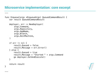 Microservice implementation: core excerpt
...
func Enqueue(args *EnqueueArgs) QueuedCommandResult {
var result QueuedCommandResult
deployer, err := NewDeployer( 
args.Command,
args.Repository,
args.AppName,
args.Branch,
args.DestMachine,
)
if err != nil {
result.Queued = false
result.Message = err.Error()
} else {
result.Queued = true
result.Message = "Started " + args.Command
go deployer.SetAndExecute()
}
return result
}
...
 