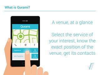 What is Qurami?
A venue, at a glance 
 
Select the service of
your interest, know the
exact position of the
venue, get its contacts
 