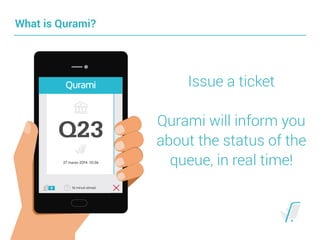 What is Qurami?
Issue a ticket 
 
Qurami will inform you
about the status of the
queue, in real time!
 