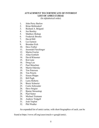 ii
ATTACHMENT TO CERTIFICATE OF INTEREST
LIST OF AMICI CURIAE
(In alphabetical order)
1. John Perry Barlow
2. Brian Behlendorf
3. Richard A. Belgard
4. Jon Bentley
5. Matthew Bishop
6. Frederick Brooks
7. David Dill
8. Les Earnest
9. Brendan Eich
10. Dave Farber
11. Jeremiah Flerchinger
12. Martin Fowler
13. Allan Gottlieb
14. David Klausner
15. Kin Lane
16. Doug Lea
17. Paul Menchini
18. Martin Odersky
19. Tim Paterson
20. Tim Peierls
21. Simon Phipps
22. Bill Pugh
23. Larry Roberts
24. Bruce Schneier
25. Curtis Schroeder
26. Dave Snigier
27. Bjarne Stroustrup
28. Paul Sutter
29. Michael Tiemann
30. Andrew Tridgell
31. Josh Triplett
32. Phil Wadler
An expanded list of amici curiae, with short biographies of each, can be
found at https://www.eff.org/cases/oracle-v-google/amici.
 