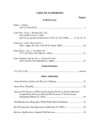 v
TABLE OF AUTHORITIES
Page(s)
Federal Cases
Baker v. Selden,
101 U.S. 99 (1879)..................................................................................... 7
Lotus Dev. Corp. v. Borland Int’l, Inc.,
49 F.3d 807 (1st Cir. 1995)
aff’d by an equally divided Court, 516 U.S. 233 (1996).......... 8, 18, 32, 33
Paterson v. Little, Brown & Co.,
502 F. Supp. 2d 1124, 1128 (W.D. Wash. 2007)..................................... 10
Sega Enters., Ltd., v. Accolade, Inc.,
977 F.2d 1510, 1522 (9th Cir. 1992)........................................................ 21
Sony Computer Ent’mt, Inc. v. Connectix Corp.,
203 F.3d 596, 599–600 (9th Cir. 2000).................................................... 21
Federal Statutes
17 U.S.C § 102 ............................................................................................ passim
Other Authorities
About Berkeley Sockets and Winsock, VMware................................................ 15
About Wine, WineHQ......................................................................................... 22
Amazon Web Services (AWS) and Eucalyptus Partner to Bring Additional
Compatibility Between AWS and On-Premises IT Environments,
Eucalyptus (March 22, 2012)................................................................... 19
Tim Berners-Lee, Biography, World Wide Web Consortium ........................... 16
BLAS Frequently Asked Questions, Netlib (Jul. 25, 2005) ................................ 24
Business Applications, Amazon Web Services.................................................. 19
 