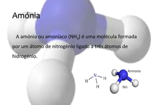 Amónia
A amónia ou amoníaco (NH3) é uma molécula formada
por um átomo de nitrogénio ligado a três átomos de
hidrogénio.
 
