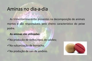 Aminas no dia-a-dia
As trimetilamina estão presentes na decomposição de animais
mortos e são responsáveis pelo cheiro característico do peixe
podre.
As aminas são utilizadas:
Na produção de certos tipos de sabões;
Na vulcanização de borracha;
Na produção de sais de amônio.
 