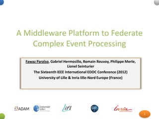 A Middleware Platform to Federate
    Complex Event Processing
  Fawaz Paraïso, Gabriel Hermosillo, Romain Rouvoy, Philippe Merle,
                            Lionel Seinturier
      The Sixteenth IEEE International EDOC Conference (2012)
         University of Lille & Inria lille-Nord Europe (France)




                                                                      1
 