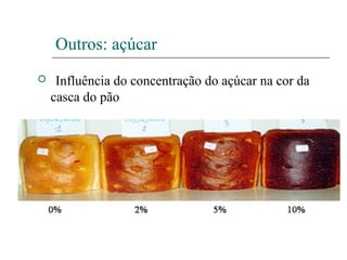 Outros: açúcar
 Influência do concentração do açúcar na cor da
casca do pão
 