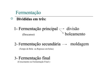 Fermentação
 Divididas em três:Divididas em três:
1- Fermentação principal1- Fermentação principal divisão
(Descanso) boleamento
2- F2- Fermentação secundáriaermentação secundária moldagem
(Tempo de Bola ou Repouso em bolas)
3-3- Fermentação finalFermentação final
(Crescimento ou Fermentação Final )
 
