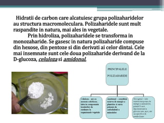 Hidratii de carbon care alcatuiesc grupa polizaharidelor 
au structuramacromoleculara. Polizaharidele suntmult 
raspandite...