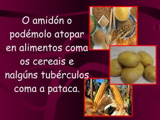 O amidón o podémolo atopar en alimentos coma os cereais e nalgúns tubérculos coma a pataca. 