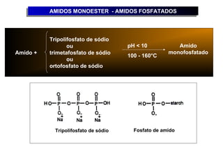 AMIDOS MONOESTER --AMIDOS FOSFATADOS
          AMIDOS MONOESTER AMIDOS FOSFATADOS




          Tripolifosfato de sódio
                 ou                   pH < 10           Amido
Amido +   trimetafosfato de sódio                    monofosfatado
                                      100 - 160°C
                 ou
          ortofosfato de sódio




            Tripolifosfato de sódio     Fosfato de amido
 