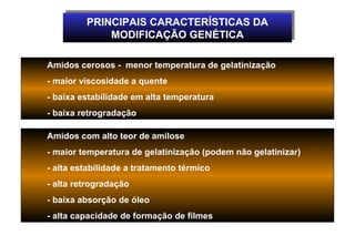 PRINCIPAIS CARACTERÍSTICAS DA
         PRINCIPAIS CARACTERÍSTICAS DA
             MODIFICAÇÃO GENÉTICA
             MODIFICAÇÃO GENÉTICA

Amidos cerosos - menor temperatura de gelatinização
- maior viscosidade a quente
- baixa estabilidade em alta temperatura
- baixa retrogradação

Amidos com alto teor de amilose
- maior temperatura de gelatinização (podem não gelatinizar)
- alta estabilidade a tratamento térmico
- alta retrogradação
- baixa absorção de óleo
- alta capacidade de formação de filmes
 