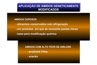 APLICAÇÃO DE AMIDOS GENETICAMENTE
  APLICAÇÃO DE AMIDOS GENETICAMENTE
             MODIFICADOS
             MODIFICADOS


AMIDOS CEROSOS
- alimentos conservados sob refrigeração
- em produtos em que se necessita pastas claras
- base para modificação química



       AMIDOS COM ALTO TEOR DE AMILOSE
        - produtos fritos
        - snacks
 