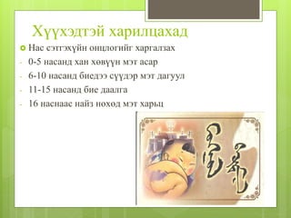 Хүүхэдтэй харилцахад
 Нас сэтгэхүйн онцлогийг харгалзах
- 0-5 насанд хан хөвүүн мэт асар
- 6-10 насанд биедээ сүүдэр мэт дагуул
- 11-15 насанд бие даалга
- 16 наснаас найз нөхөд мэт харьц
 