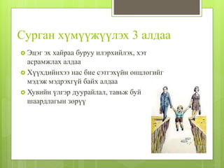 Сурган хүмүүжүүлэх 3 алдаа
 Эцэг эх хайраа буруу илэрхийлэх, хэт
асрамжлах алдаа
 Хүүхдийнхээ нас бие сэтгэхүйн онцлогийг
мэдэж мэдрэхгүй байх алдаа
 Хувийн үлгэр дуурайлал, тавьж буй
шаардлагын зөрүү
 
