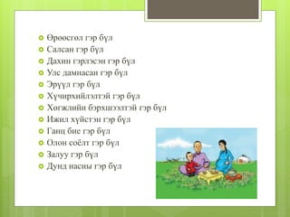  Өрөөсгөл гэр бүл
 Салсан гэр бүл
 Дахин гэрлэсэн гэр бүл
 Улс дамнасан гэр бүл
 Эрүүл гэр бүл
 Хүчирхийлэлтэй гэр бүл
 Хөгжлийн бэрхшээлтэй гэр бүл
 Ижил хүйстэн гэр бүл
 Ганц бие гэр бүл
 Олон соёлт гэр бүл
 Залуу гэр бүл
 Дунд насны гэр бүл
www.themegallery.com
 