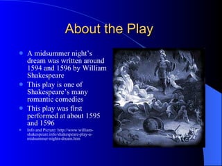 About the Play  A midsummer night’s dream was written around  1594 and 1596 by William Shakespeare This play is one of Shakespeare’s many romantic comedies This play was first performed at about 1595 and 1596 Info and Picture: http://www.william-shakespeare.info/shakespeare-play-a-midsummer-nights-dream.htm 