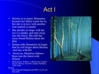 Act I Hermia is to marry Demetrius because her father wants her to, but she is in love with another man named Lysander She decides to elope with her love Lysander, and runs away into the forest. She tells her close friend Helena about her plan Helena tells Demetrius in hopes that he will forget about Hermia  and stay with her However, Demtrius follows them into the forest with Helena Shakespeare, William.  A Midsummer Night's Dream . Boston: David R. Godine Publisher, 1982. Print.  Picture: http://hqwalls.blogspot.com/2007_12_01_archive.html 